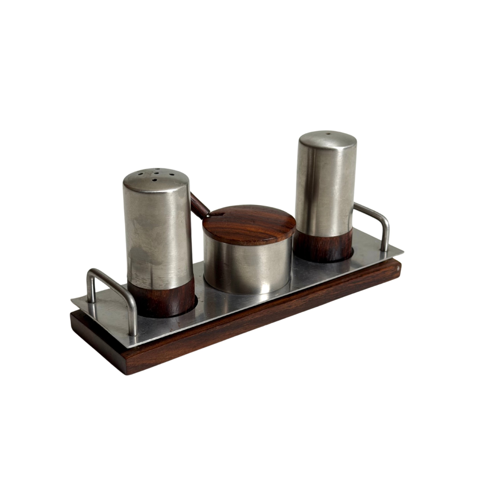 Danish vintage spice set 1960s steel & rosewood cruet set